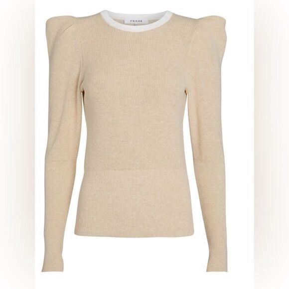 Frame Denim Cream Beige Puff-Shoulder Ribbed Long-Sleeve Top Small